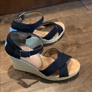 TOMS Wedges Sandals Black Espadrilles Strappy